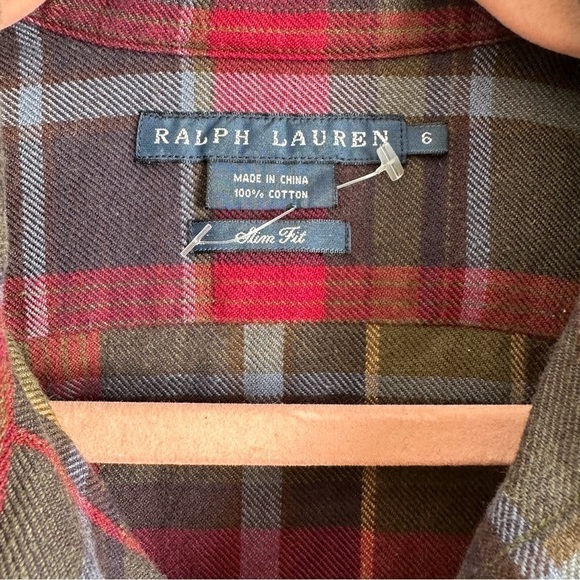 Ralph Lauren Blue Green Plaid Button Down Shirt w Brown Suede Elbow Patches sz 6 - Picture 4 of 4